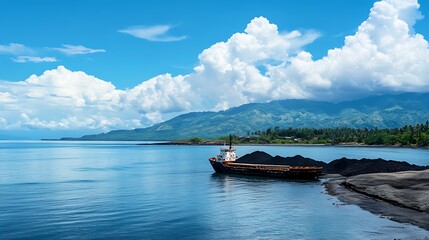 Serene Coastal Landscape with Cargo Ship