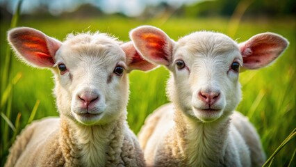 Obraz premium Adorable baby sheep, close-up view, graze peacefully in a vibrant green spring pasture.