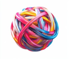 Colorful intertwined ribbons forming a sphere.