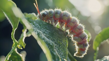 Fototapeta premium A photorealistic macro shot of a caterpillar feeding on a fresh green leaf in bright daylight 