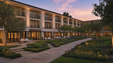 Fototapeta premium A sleek, urban hotel exterior with large windows and a clean design, accompanied by beautifully manicured gardens and walkways