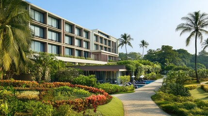 Fototapeta premium A sleek, urban hotel exterior with large windows and a clean design, accompanied by beautifully manicured gardens and walkways