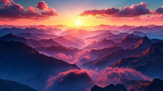 夕日の雄大な山々の鳥瞰図1