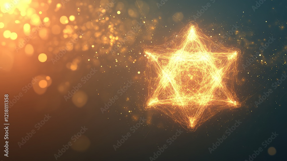 Poster a softly glowing merkaba star floating on a serene gradient background with light particles surround
