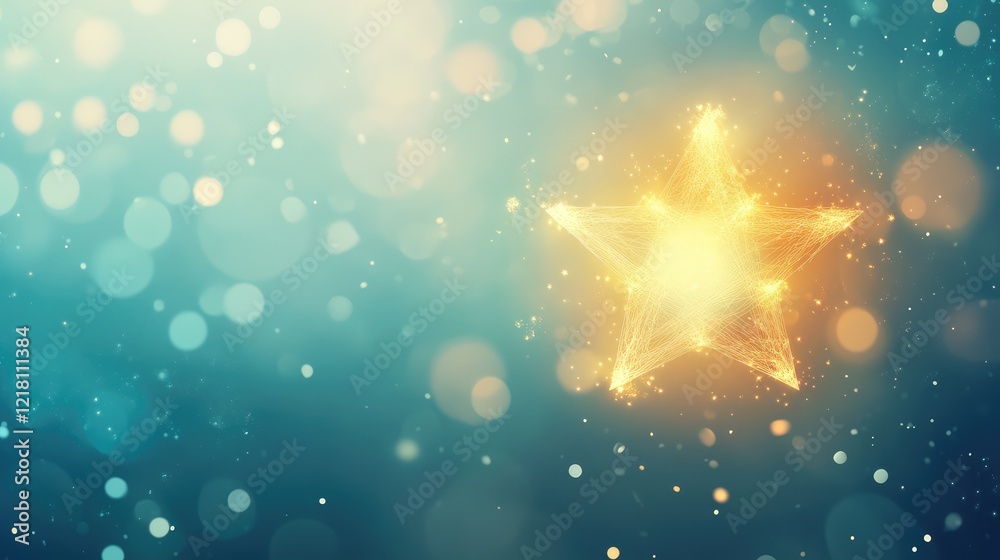 Poster a softly glowing merkaba star floating on a serene gradient background with light particles surround