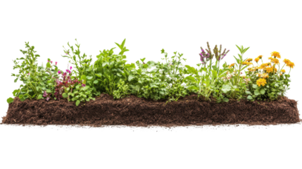 Young green seedlings sprouting in dark fertile soil on transparent background