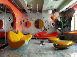 Illustration of Anti-Design Modern Living Room": A trendy living space featuring asymmetrical furniture, bold colors, and a mix of vintage and futuristic elements, with a chaotic yet stylish vibe.