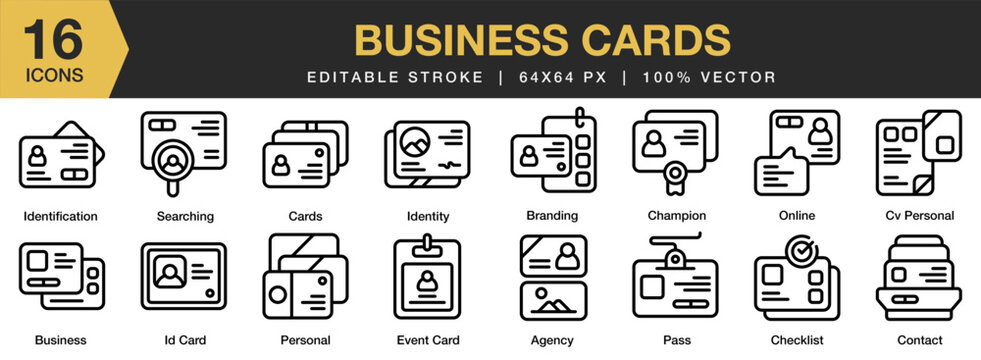 Business Cards icon set. Editable Stroke Icon Collection. Includes business, identity, business card, company, contact, and More. Outline icons vector collection.