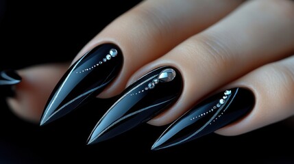 Close-up of elegant black stiletto nails adorned with silver rhinestones and delicate lines.