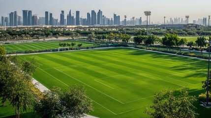 Obraz premium A spacious outdoor sports complex featuring multiple fields for different sports, open green spaces, and modern facilities in the background
