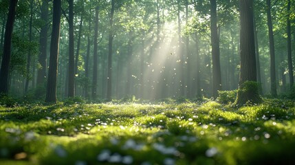 Obraz premium Sunlight filters through dense forest canopy illuminating a serene meadow scene