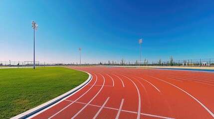 A spacious sports complex with athletic fields, courts, and a well-maintained running track, with no people present and clear blue skies overhead