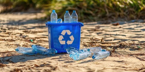 Naklejka premium A blue recycling bin with the recycling symbol, surrounded by empty plastic bottles.