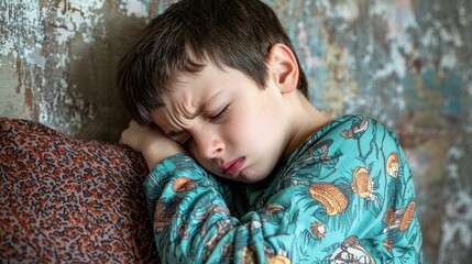 Obraz premium A boy coughing into his elbow, wearing pajamas and looking fatigued.