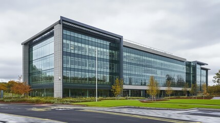 Obraz premium A striking low-angle shot of a corporate office building with reflective windows and sharp lines set against a cloudy sky