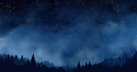 Naklejka premium A serene night sky filled with stars above a dark forest silhouette.