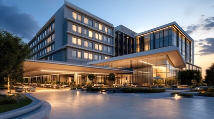 Obraz premium A stylish hotel exterior at sunset, with warm light illuminating the smooth, modern facade and outdoor seating areas