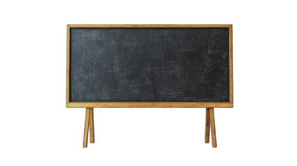 Empty blackboard on wooden stand, dark background, ready for text