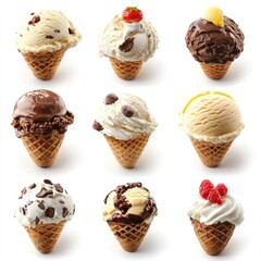 Nine ice cream cones, various flavors, studio shot, white background, food photography