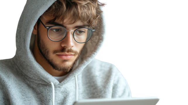 Young Man in Grey Hoodie Uses Tablet, Focused Expression isolated on transparent background