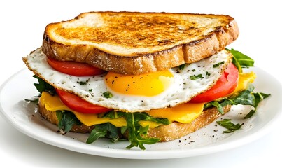 Grilled egg sandwich, tomato, cheese, arugula, breakfast, white background, food photography