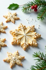 Snowflake cookie cutter on white surface with holly leaves, Christmas cookies, winter baking, sweet treats