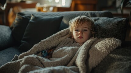 A child huddled in a blanket on the sofa, visibly shaking from chills.