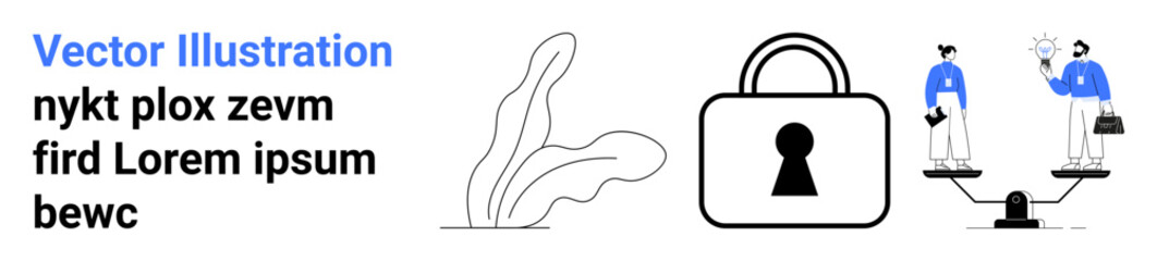 Text characters in blue and black beside a leaf shape, lock symbol, and two figures with scales. Ideal for digital security, equality, balance, ecological themes, graphic design, placeholder content
