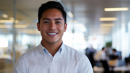 Obraz premium Portrait of a Smiling Young Hispanic Businessman in a Modern Office Setting