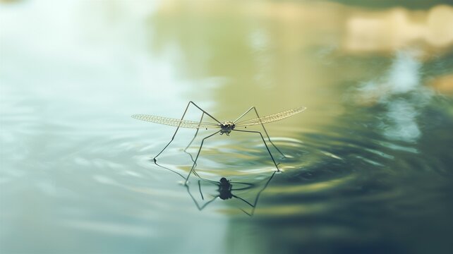 A photorealistic underwater close-up of a water strider walking on the surface of a calm pond
