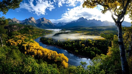 Naklejka premium Autumn river valley sunrise, mountain panorama, scenic vista, nature wallpaper