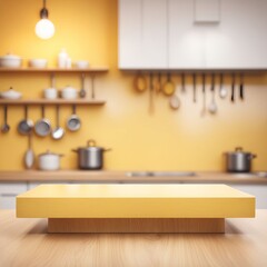 Modern yellow kitchen interior with wooden furniture and utensils, featuring a dining table, a sink, and large windows for natural light