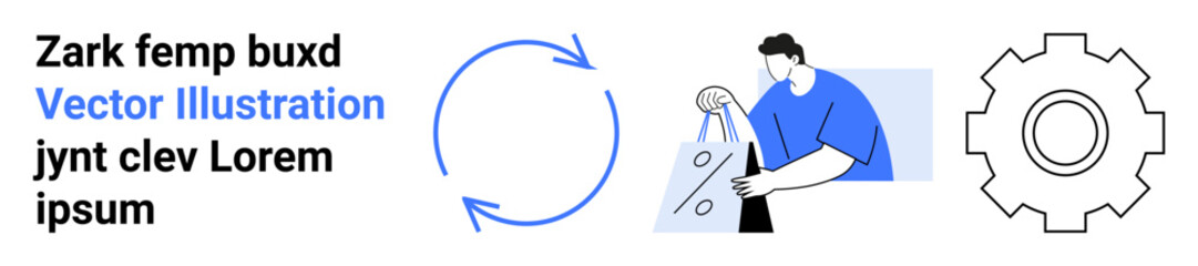 Circular arrows, a person shopping with bags, and a gear icon. Ideal for e-commerce, shopping, process optimization, user experience, retail business strategy technology. Landing page