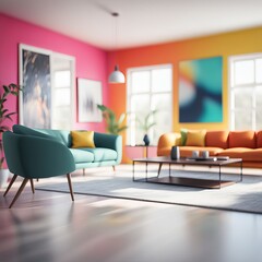 colorful Modern living room with a stylish armchair and a lamp, wooden table, surrounded by indoor plants and soft curtains, sun ray through large window, designed with comfort and elegance in mind