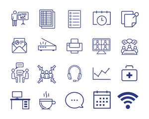 An office icon pack consists of 20 icons with blue color for your business, work, and office-related project.