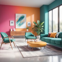 Fototapeta premium colorful Modern living room with a stylish armchair and a lamp, wooden table, surrounded by indoor plants and soft curtains, sun ray through large window, designed with comfort and elegance in mind
