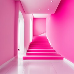 Obraz premium Corridor with pink floor and staircase in a modern indoor setting
