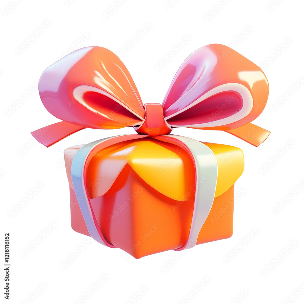 Poster a digitally rendered image showcases a glossy orange gift box adorned with a large vibrant red bow.