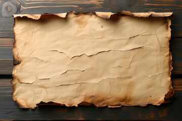 Aged, burnt parchment paper on dark wood. Perfect for designs needing an antique, vintage, or mysterious feel.