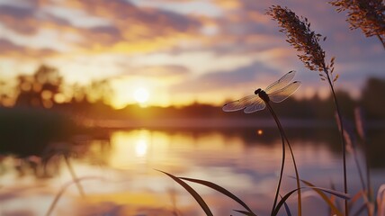 Obraz premium A photorealistic macro view of a dragonfly perched on a reed over a tranquil lake at sunset 