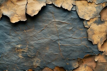Fototapeta premium Cracked, peeling paint reveals dark, textured surface beneath, brown and gray hues create aged, distressed backdrop ideal for design projects.