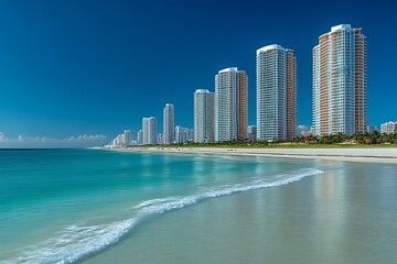Obraz premium Sunny coastal cityscape with high-rise buildings and turquoise ocean.