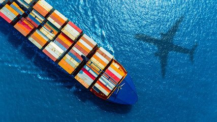 Aerial view of the freight shipping transport system cargo ship container. international...