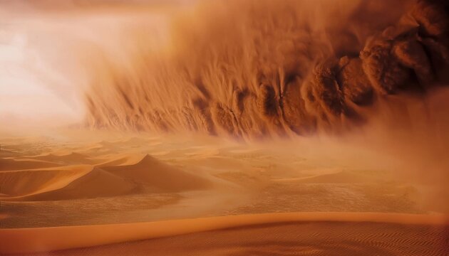 Massive sandstorm rolling over desert dunes with dramatic clouds