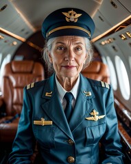 Obraz premium Caucasian old female pilot private jet interior background portrait with copy space