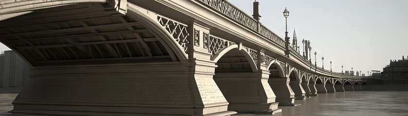 Obraz premium Parisian bridge, stone arches, city backdrop, calm river. Travel photo
