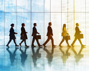 Professional Business People Walking in Modern Office Corridor with Reflections and Diverse Team Dynamics