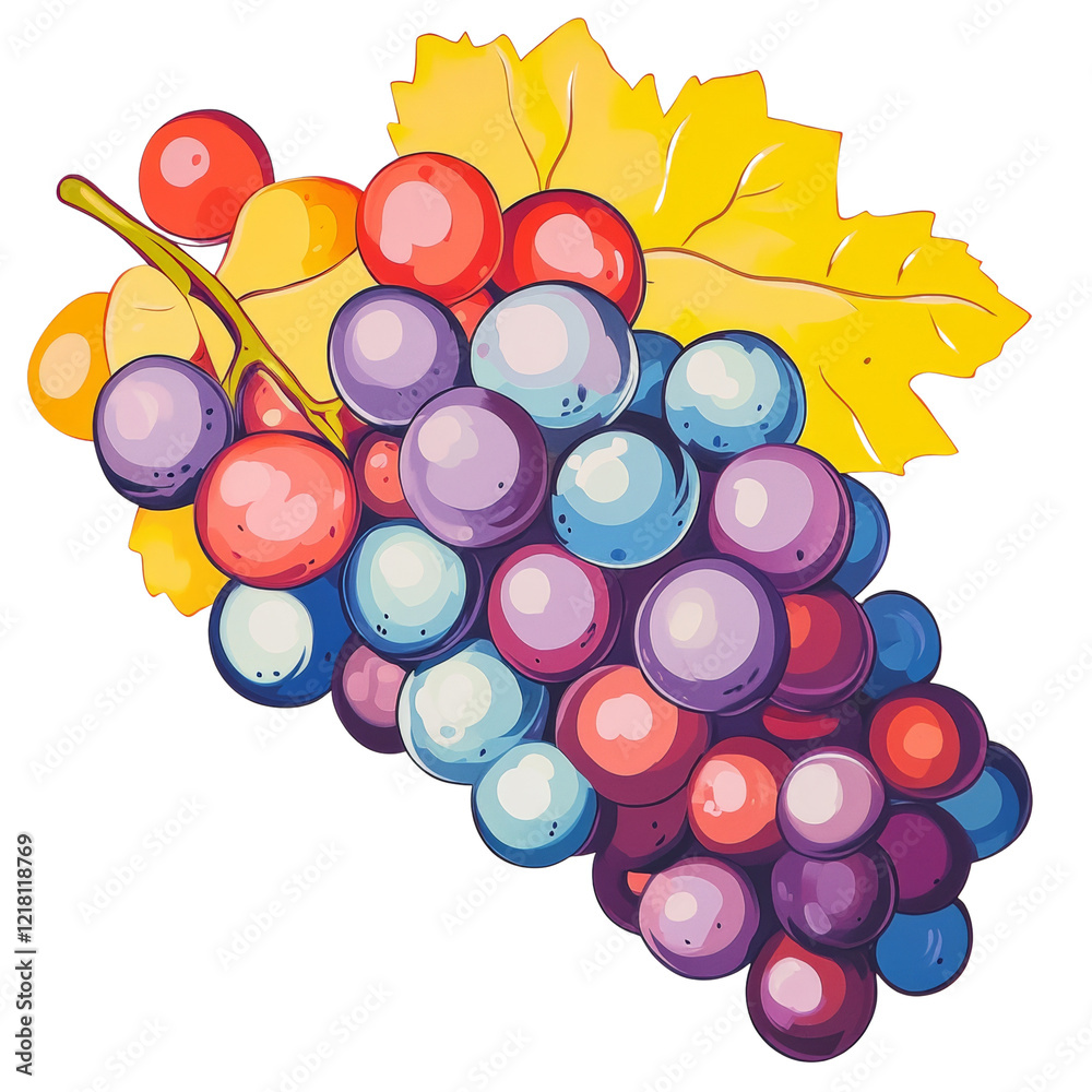 Poster a stylized illustration depicts a bunch of multicolored grapes with a yellow leaf attached to the st