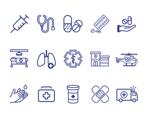 A health care icon pack in blue color and white background consists of 15 icons. 