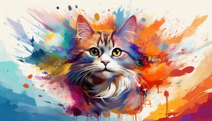 Colorful artistic portrait of a cat with splashes of vibrant paint